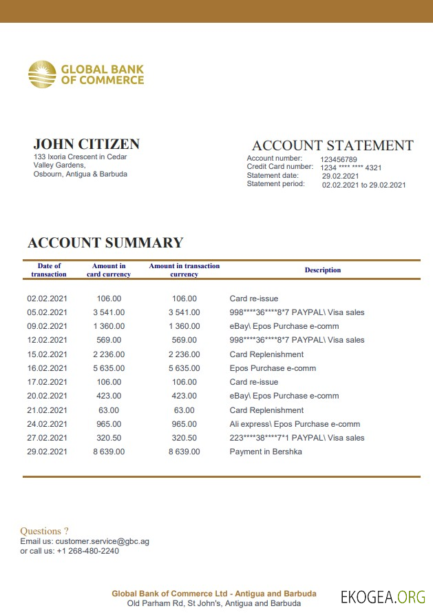 Relevé bancaire d'Antigua et Barbuda Global Bank of Commerce xls